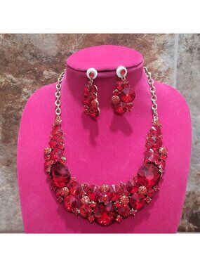Vintage Red Rhinestone Statement Necklace and Earring Set